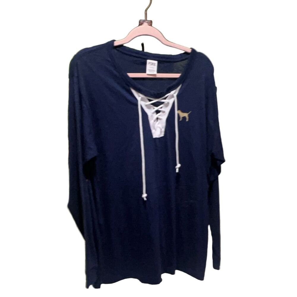 Victoria's Secret PINK Long Sleeve Lace-Up V-Neck Shirt L Navy Blue Cotton Blend